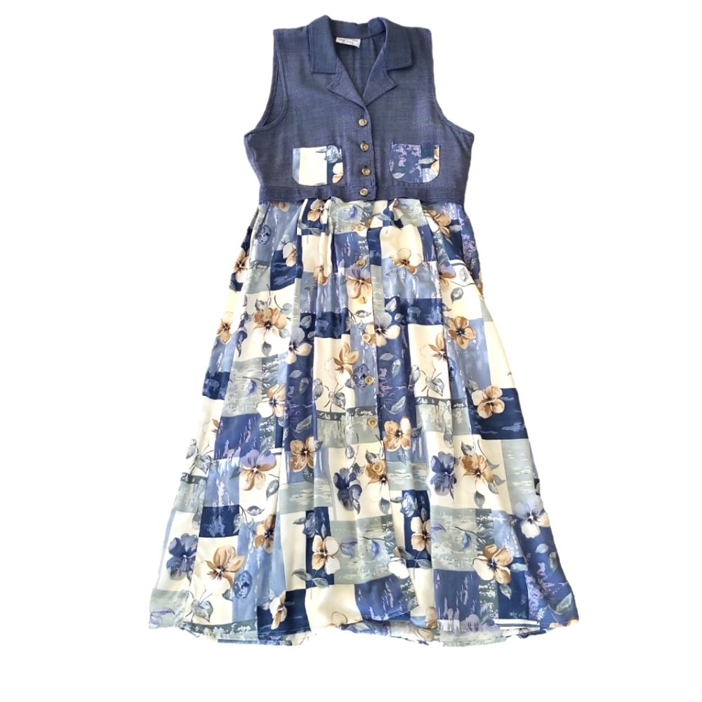 Vintage Stuart Alan women's pleated floral button down maxi long shirt dress M